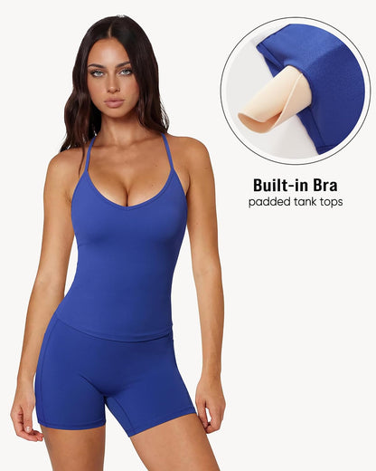 OMKAGI Racerback Workout Tops for Women Built in Bra Cute Open Back V Neck Longline Sports Bra Top