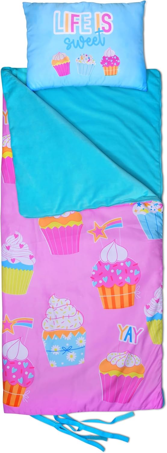 iscream Soft Cozy Fleece-Lined Fun Print Girls Sleeping Bag with Pillow | Snuggly, Integrated Handles, All Rolls Together for Ease, Machine Wash, 55" x 25", Fits Ages 4 to 10, Slumber Party Perfect