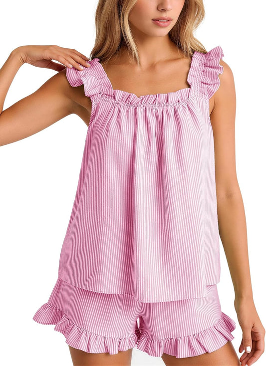 Flygo Striped Pajamas Set for Women Cotton 2 Piece Lounge Sets Ruffle Cami Top and Shorts Cute Summer Pj Sleepwear
