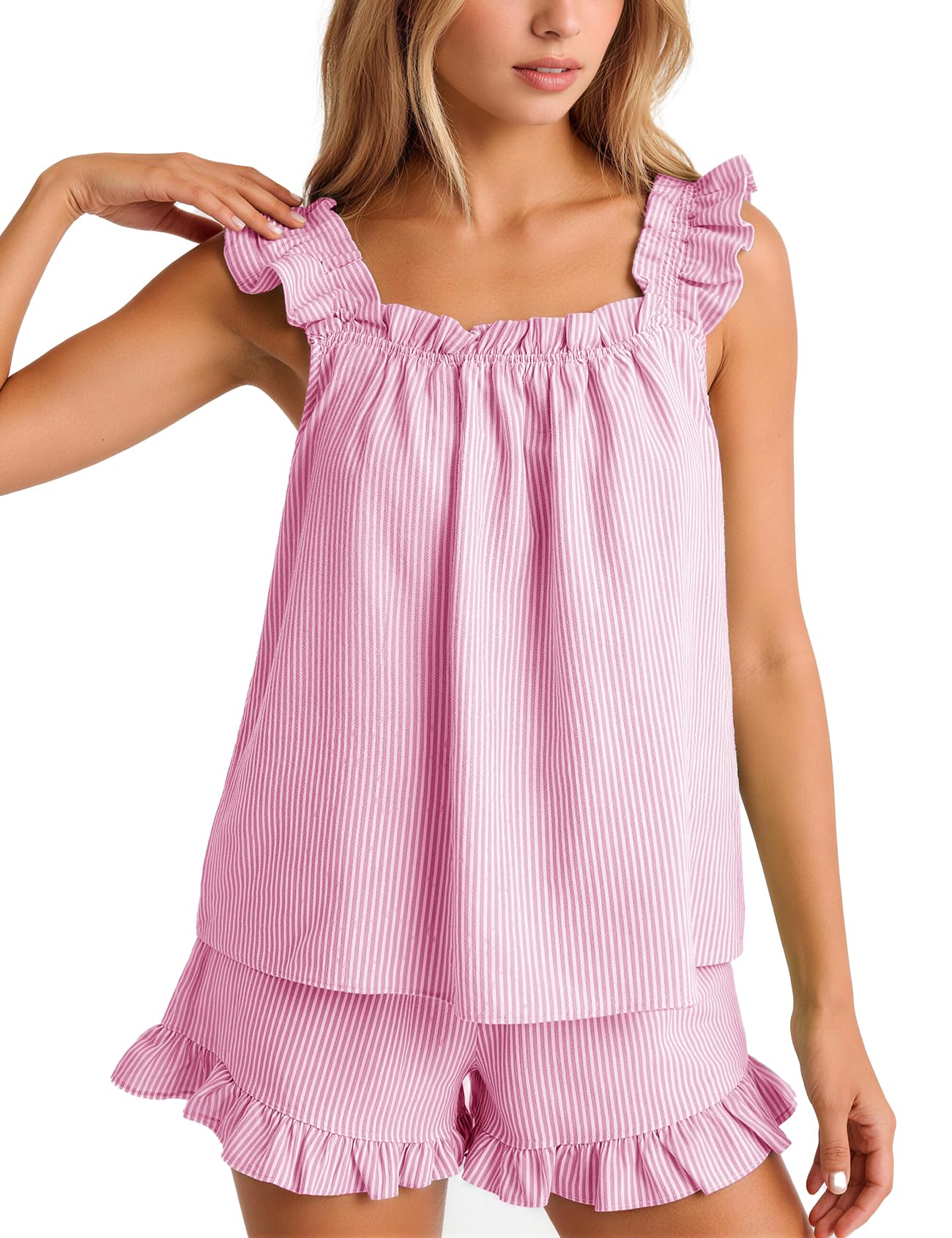 Flygo Striped Pajamas Set for Women Cotton 2 Piece Lounge Sets Ruffle Cami Top and Shorts Cute Summer Pj Sleepwear