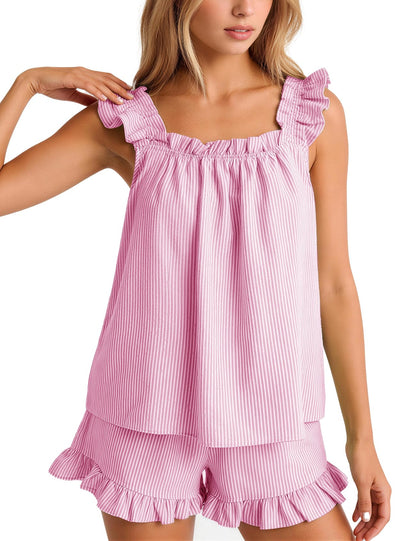 Flygo Striped Pajamas Set for Women Cotton 2 Piece Lounge Sets Ruffle Cami Top and Shorts Cute Summer Pj Sleepwear