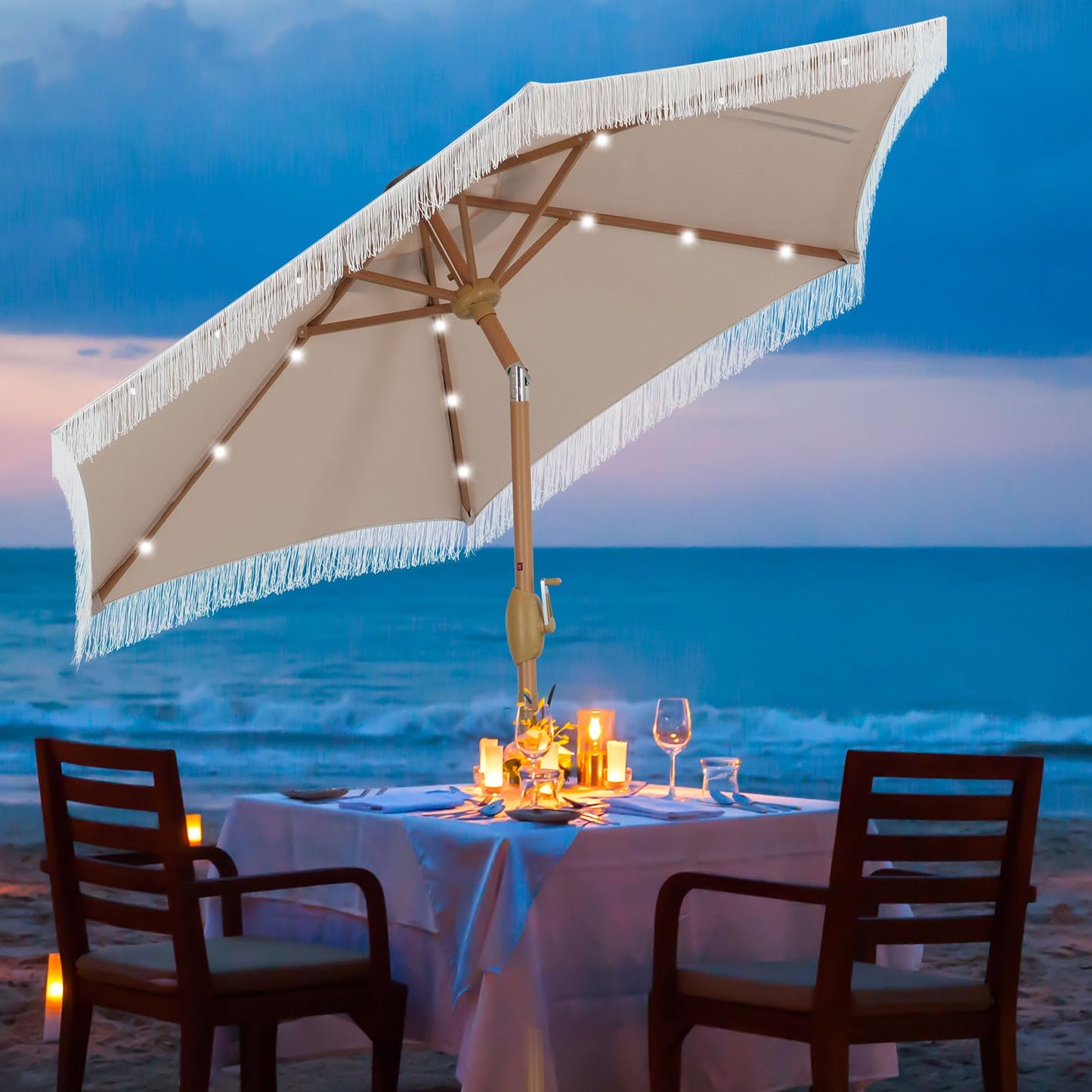 GDY 7.5ft Tassel Patio Umbrella and Matching Base, Outdoor Table Umbrella with 18 LED Lights,Market Umbrella with 6 Sturdy Ribs, with Push Button Tilt and Crank, Bright White