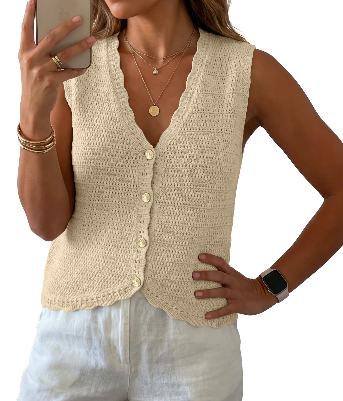 GRECERELLE Women's Summer Sleeveless V Neck Sweater Vest Knit Tank Top | Button Front Closure, Crochet Knit Design, Casual Style, Cropped Fit, Versatile Layering, for Office, Travel