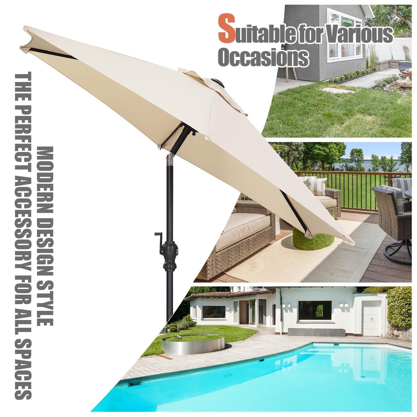 GDY 7.5ft Tassel Patio Umbrella and Matching Base, Outdoor Table Umbrella with 18 LED Lights,Market Umbrella with 6 Sturdy Ribs, with Push Button Tilt and Crank, Bright White
