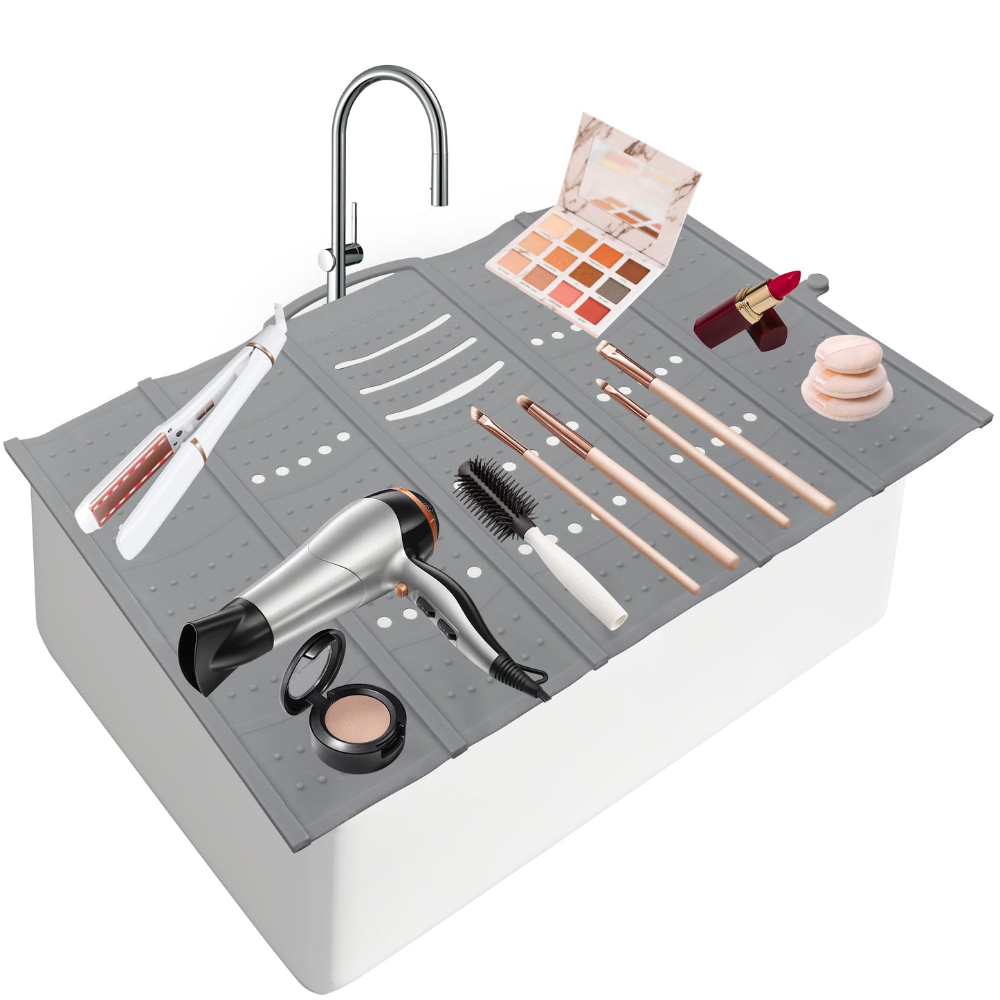Mofason Bathroom Sink Top Cover Space Saver,Silicone Makeup Organizer Mat for Over Countertop,Small Bathroom Must Haves Accessories Rv Camper Travel Foldable Gadgets-Grey