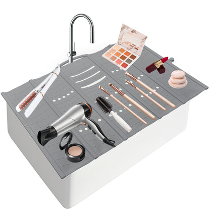 Mofason Bathroom Sink Top Cover Space Saver,Silicone Makeup Organizer Mat for Over Countertop,Small Bathroom Must Haves Accessories Rv Camper Travel Foldable Gadgets-Grey