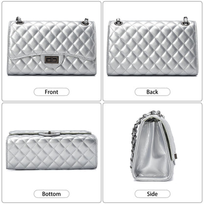 Quilted Leather Crossbody Bags for Women Trendy Ladies Shoulder Purse Satchel HandBag with Chain Strap