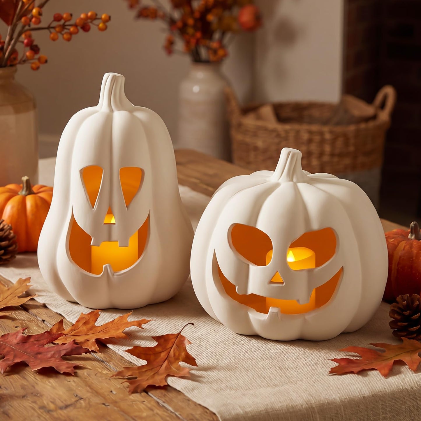 Tioncy 2 Pack Fall Decor Halloween Decorations Terracotta Pumpkin Decoration Handmade Clay Pumpkin Jack-o-Lantern Halloween Tealight Holder Rustic Farmhouse Fall Home Decor for Table(Orange)