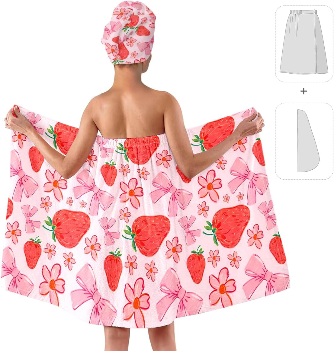 Strawberry Print Bath Wrap and Hair Drying Towel Set – Microfiber Quick Dry Shower Body Wrap for Women, Absorbent Spa Skirt with Elastic Band and Cute Bow Design (Strawberry 1)