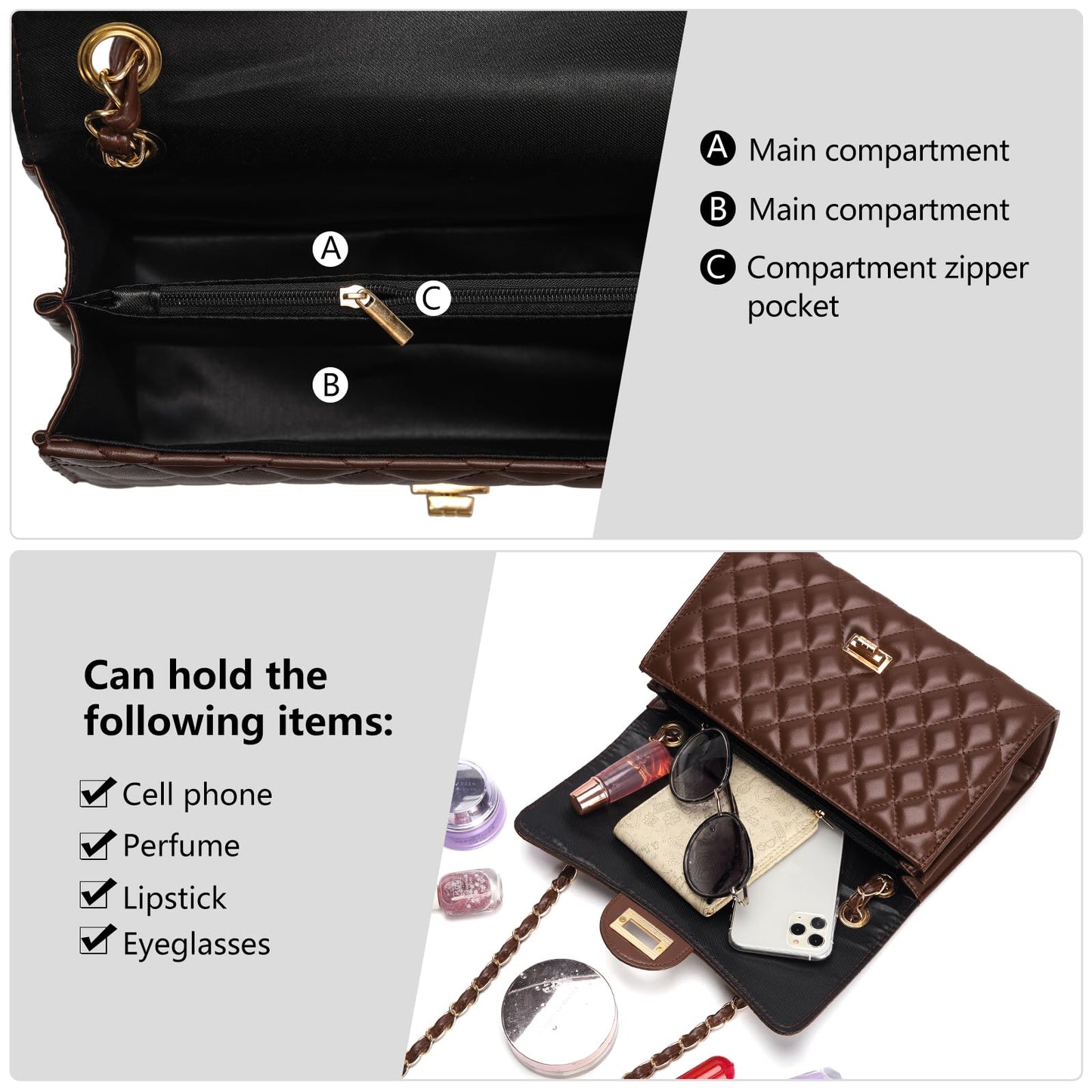 Quilted Leather Crossbody Bags for Women Trendy Ladies Shoulder Purse Satchel HandBag with Chain Strap