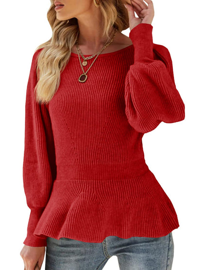 Womens Fall Puff Sleeve Peplum Casual Slim Fit Knit Pullover Sweater