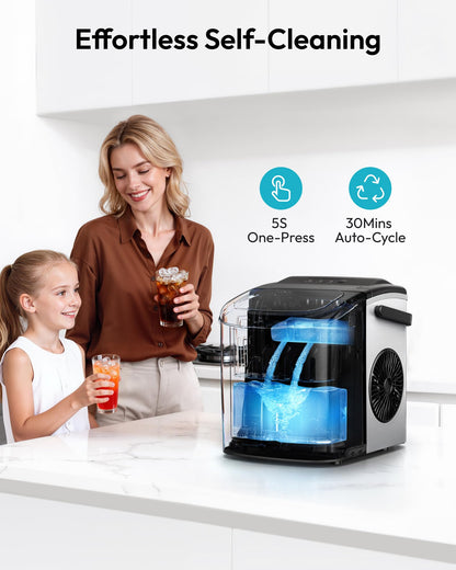 EUHOMY Countertop Ice Maker Machine with Handle, 26lbs in 24Hrs, 9 Ice Cubes Ready in 6 Mins, Auto-Cleaning Portable Ice Maker with Basket and Scoop, for Home/Kitchen/Camping/RV. (Black)