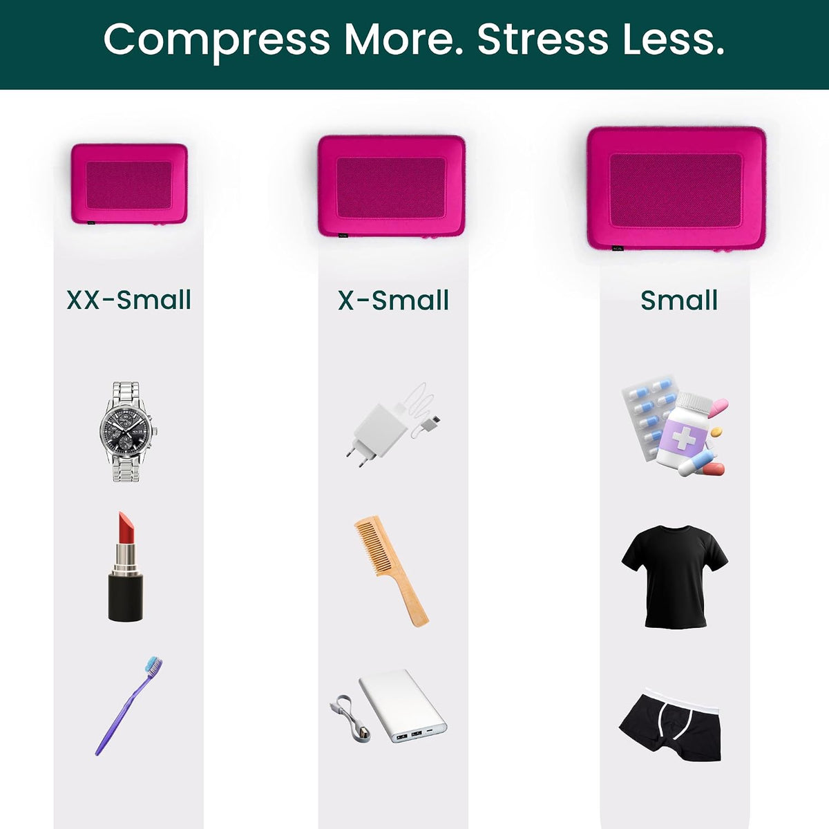 NOBL Travel Compression Packing Cubes Set of 6 Luggage Organizers, Hot Pink