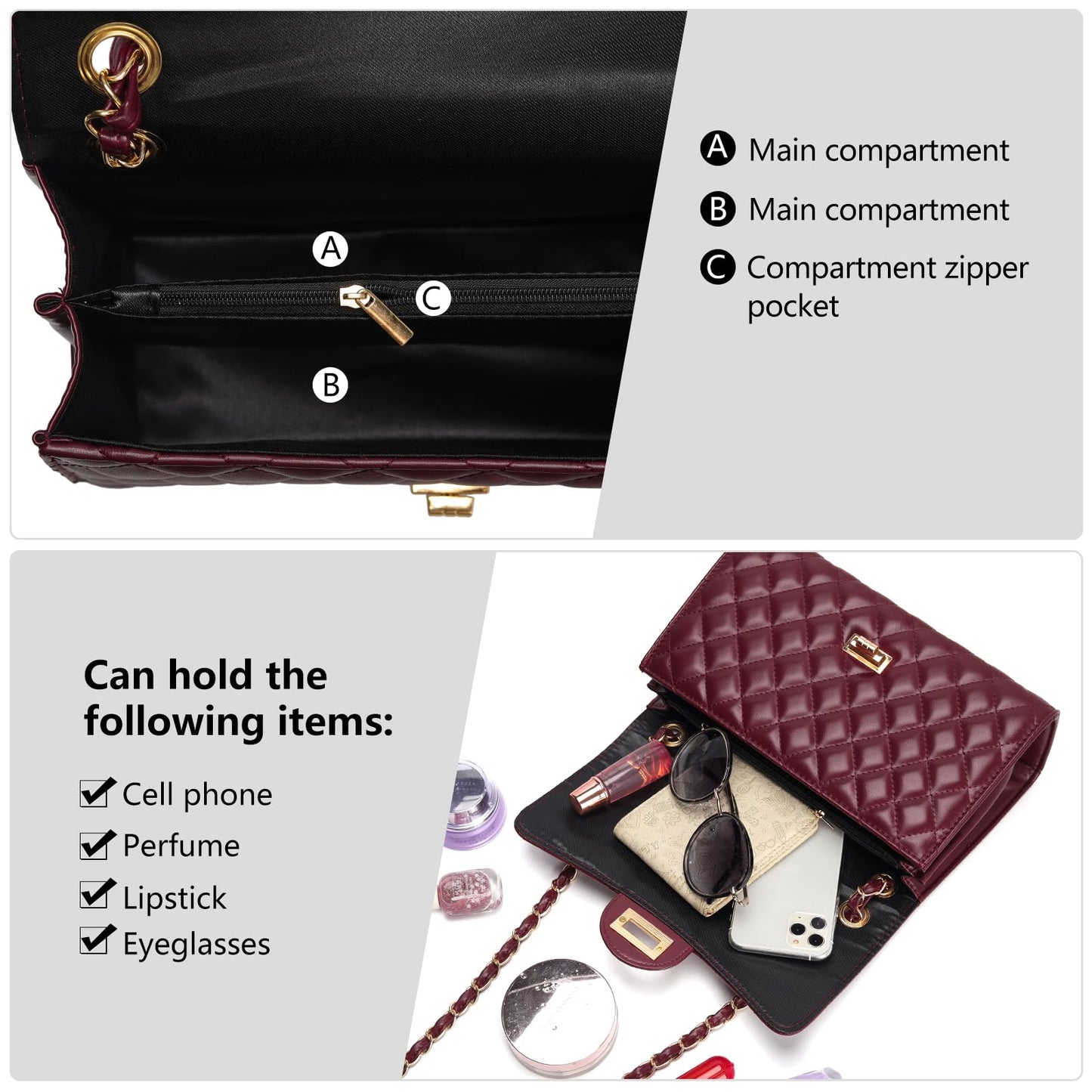 Quilted Leather Crossbody Bags for Women Trendy Ladies Shoulder Purse Satchel HandBag with Chain Strap