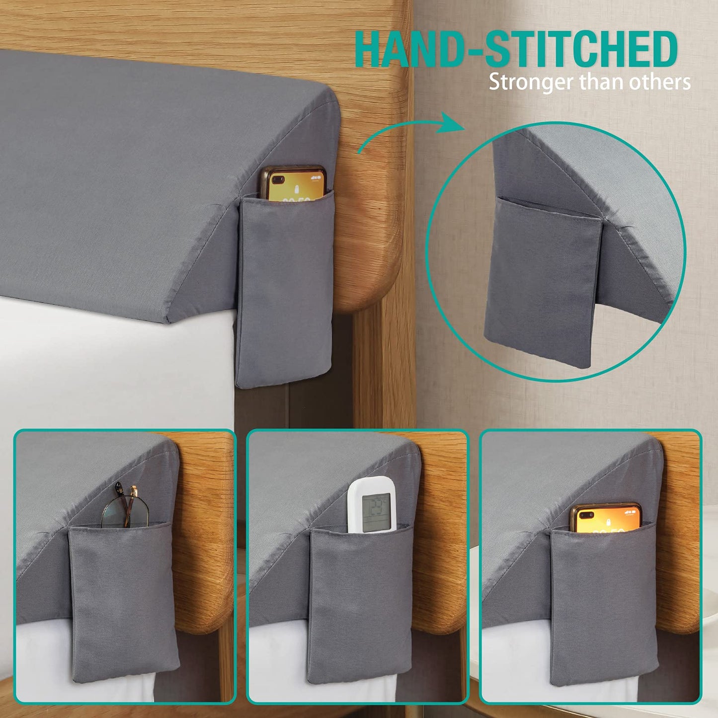 Vekkia King Bed Wedge Pillow for Headboard Gap, 0–6" Gap Filler with Side Pockets & Washable Cover, Gray 76"x10"x6"
