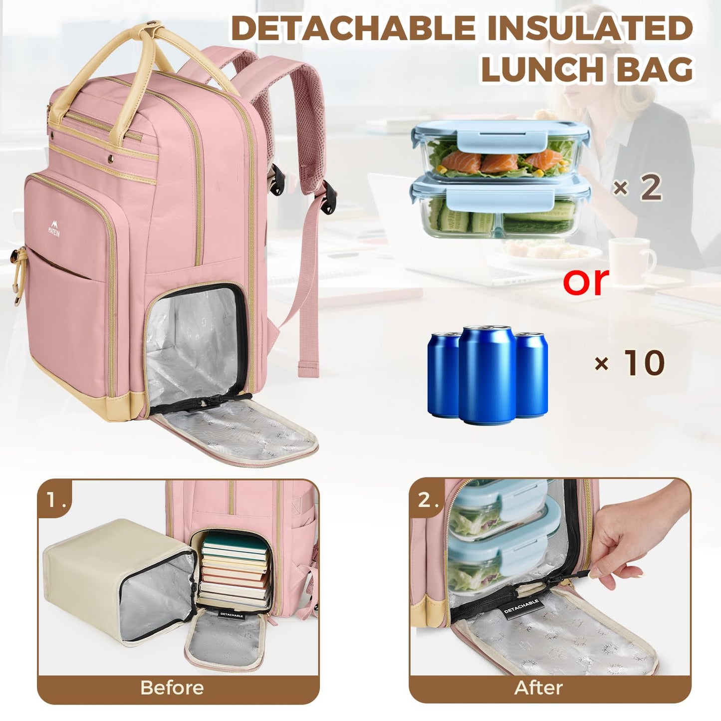 MATEIN Teacher Backpack with Lunch Compartment, 15.6 Inch Laptop Backpack | Detachable, with Organized Pocket, Commute Office College, Computer Backpacks for Men Women, Meal Prep Bag, Gift for Nurse