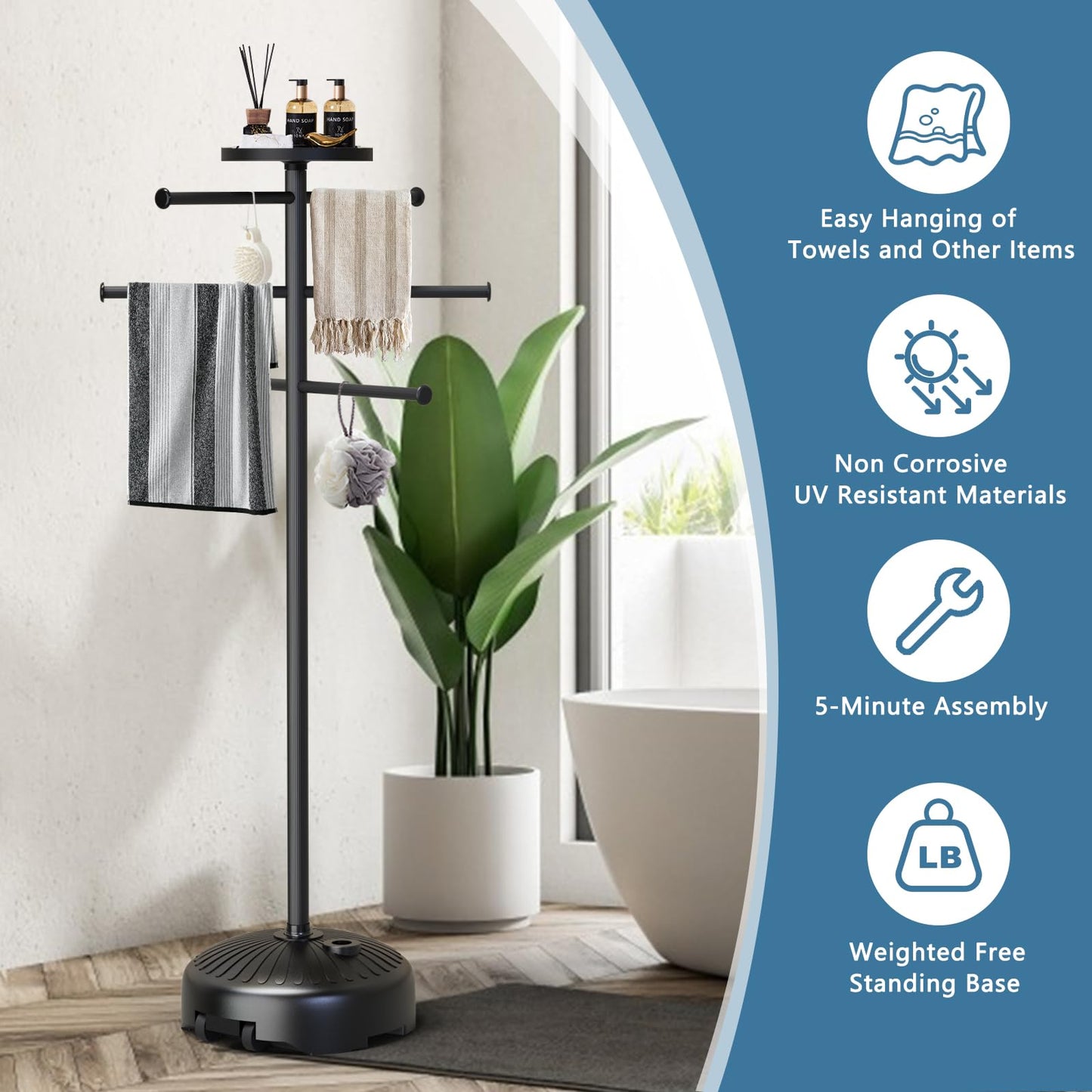 Solar Light Pool Towel Rack with Wheels – 63" Tall Adjustable Outdoor Towel Rack for Patio, Bathroom, Hot Tub