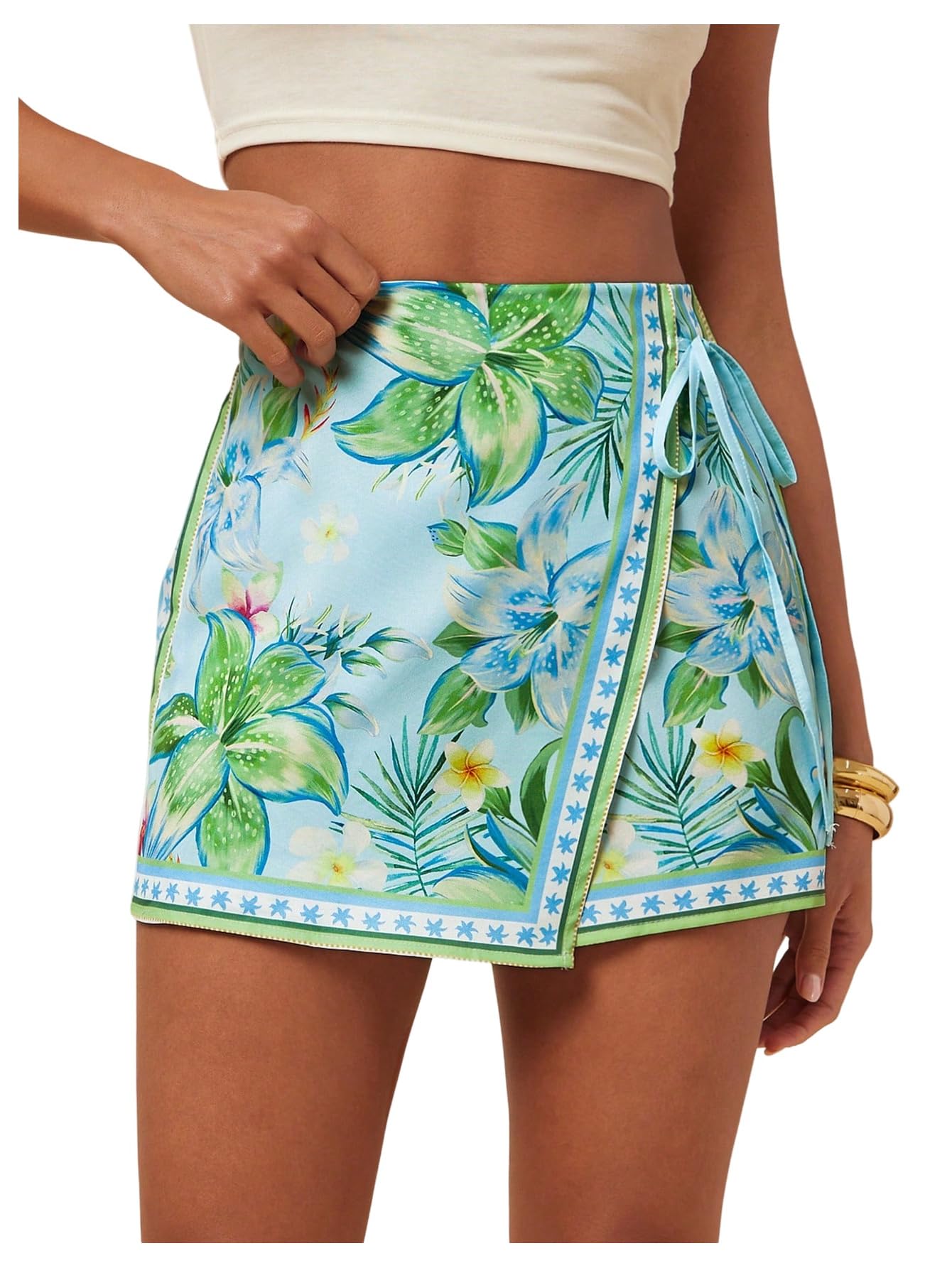 Sweatyrocks Women's Boho Mini Skirts Floral Shorts Tie Side Wrap Elastic Waist Summer Skorts Beach Vacation Outfits