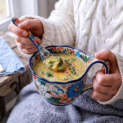 ALMA Handpainted Microwavable Soup Bowl with Loop Handle 18.6oz, Cereal Bowl With Handle Great for Berry, Fruits, Chili, Stew, Ice cream,Floral Soup Mug for Women