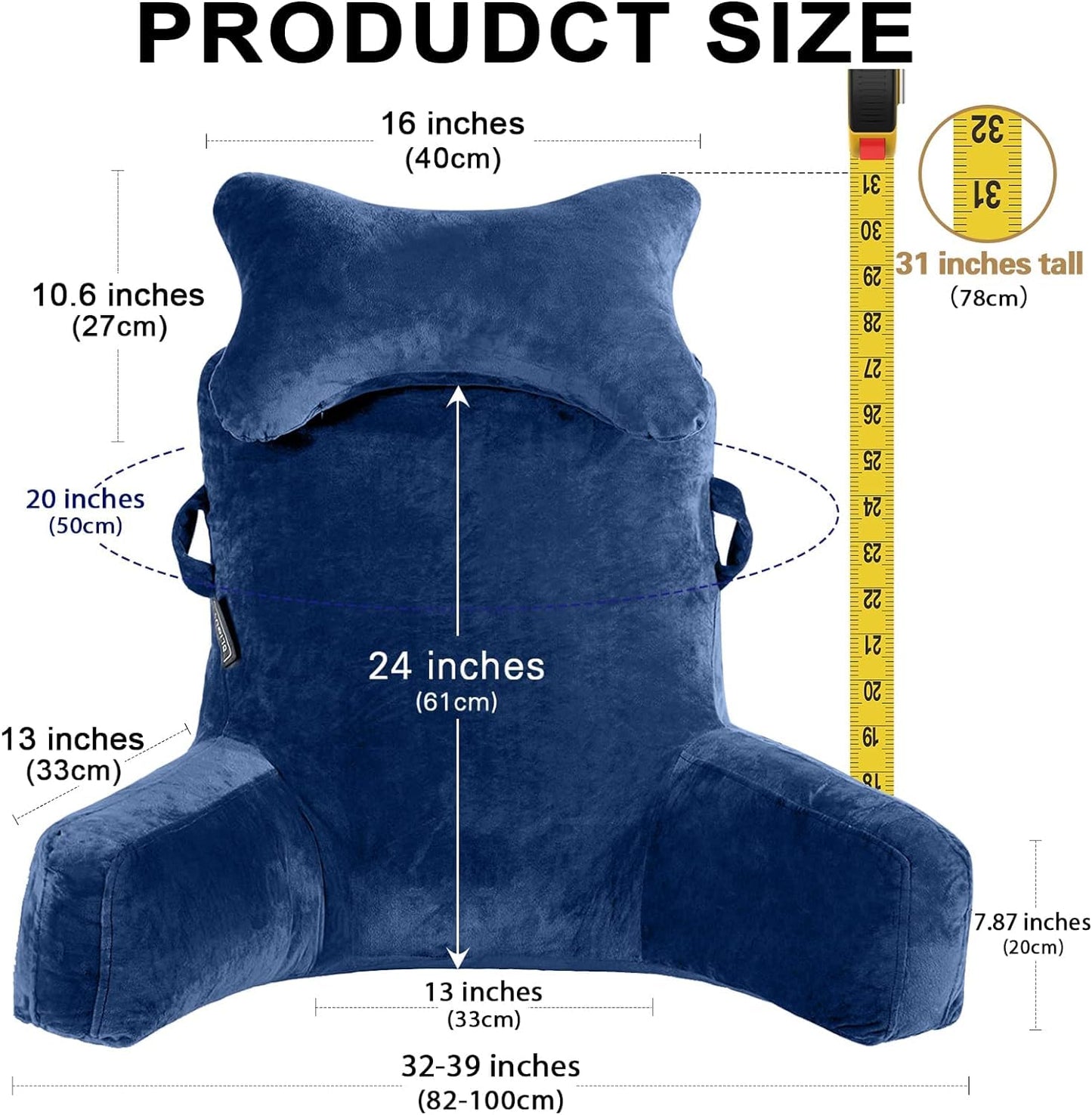 Reading Pillow-Extra Large 31" Bed Rest Pillow with Detachable Neck Roll & Arms for Sitting in Bed or Couch-Backrest Reading Pillow Adult Back Pillows for Reading,Watching TV,Gaming,Relaxing-Black