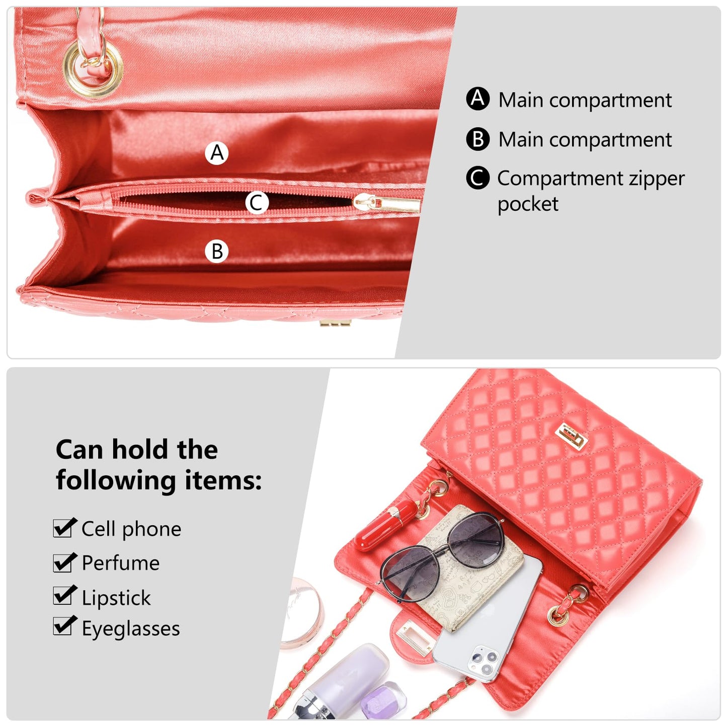 Quilted Leather Crossbody Bags for Women Trendy Ladies Shoulder Purse Satchel HandBag with Chain Strap