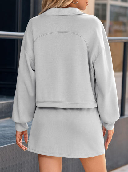 Fisoew Women’s 2 Piece Outfits Quarter Zip Cropped Sweatshirts Casual Mini Skorts Lounge Wear Skirts Sets