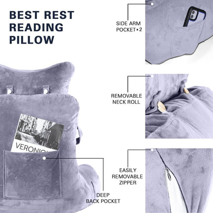 Reading Pillow-Extra Large 31" Bed Rest Pillow with Detachable Neck Roll & Arms for Sitting in Bed or Couch-Backrest Reading Pillow Adult Back Pillows for Reading,Watching TV,Gaming,Relaxing-Black