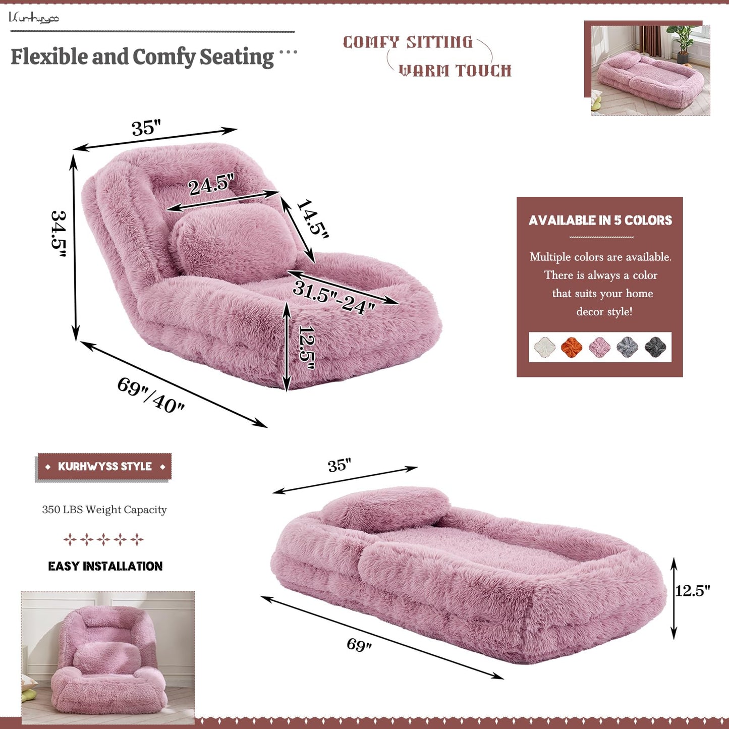 Upholstered Convertible Lounge Chair with 2 Soft Pillows