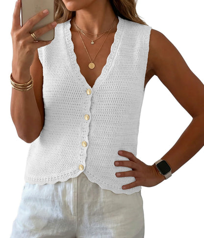 GRECERELLE Women's Summer Sleeveless V Neck Sweater Vest Knit Tank Top | Button Front Closure, Crochet Knit Design, Casual Style, Cropped Fit, Versatile Layering, for Office, Travel