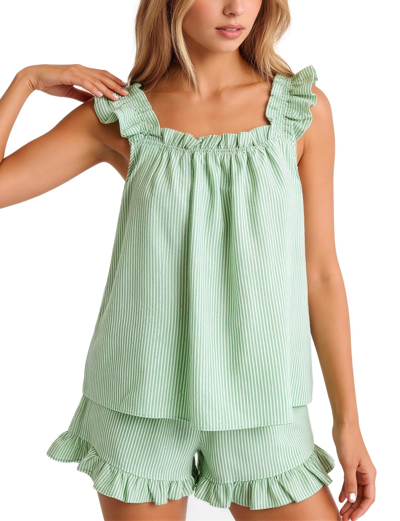 Flygo Striped Pajamas Set for Women Cotton 2 Piece Lounge Sets Ruffle Cami Top and Shorts Cute Summer Pj Sleepwear
