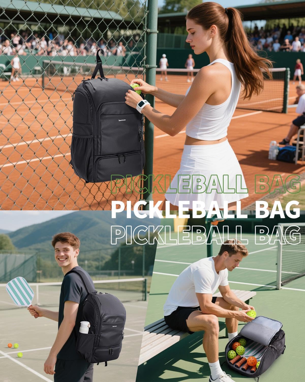 sportsnew Waterproof Pickleball Bag Men Women W/Shoe Compartment Fence Hook