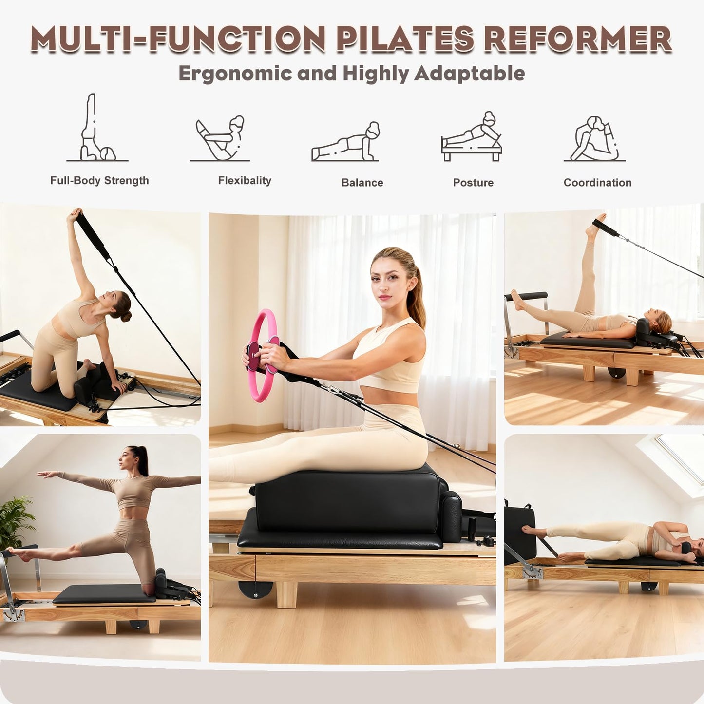Pilates Reformer Machine, Foldable Oak Wood Pilates Reformer, Studio-Grade Pilates Equipment, 5-Spring Resistance Pilates Trainer, Home Gym Pilates Machine, Full Body Workout Pilates Reformer
