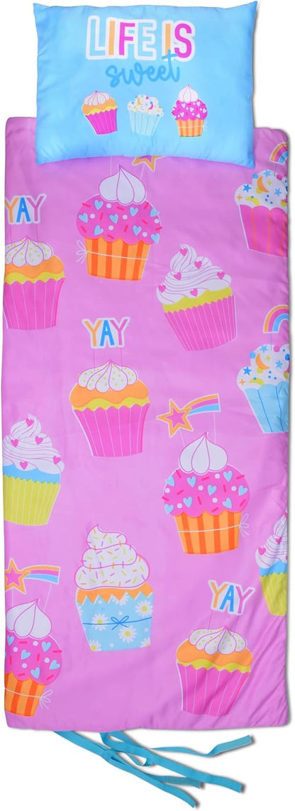 iscream Soft Cozy Fleece-Lined Fun Print Girls Sleeping Bag with Pillow | Snuggly, Integrated Handles, All Rolls Together for Ease, Machine Wash, 55" x 25", Fits Ages 4 to 10, Slumber Party Perfect