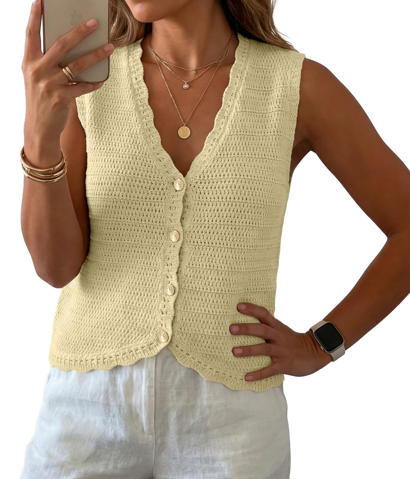 GRECERELLE Women's Summer Sleeveless V Neck Sweater Vest Knit Tank Top | Button Front Closure, Crochet Knit Design, Casual Style, Cropped Fit, Versatile Layering, for Office, Travel