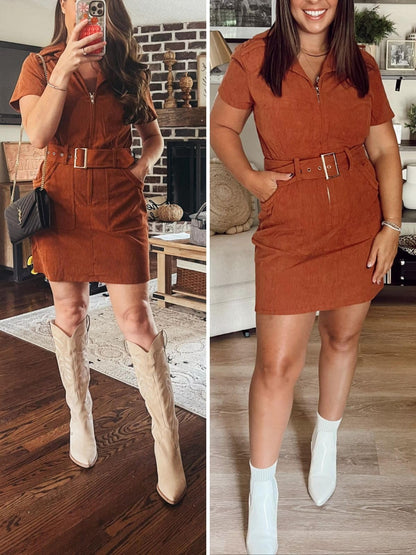 Doshoop Women's Corduroy Mini Dress Short Sleeve Cowboy Dresses
