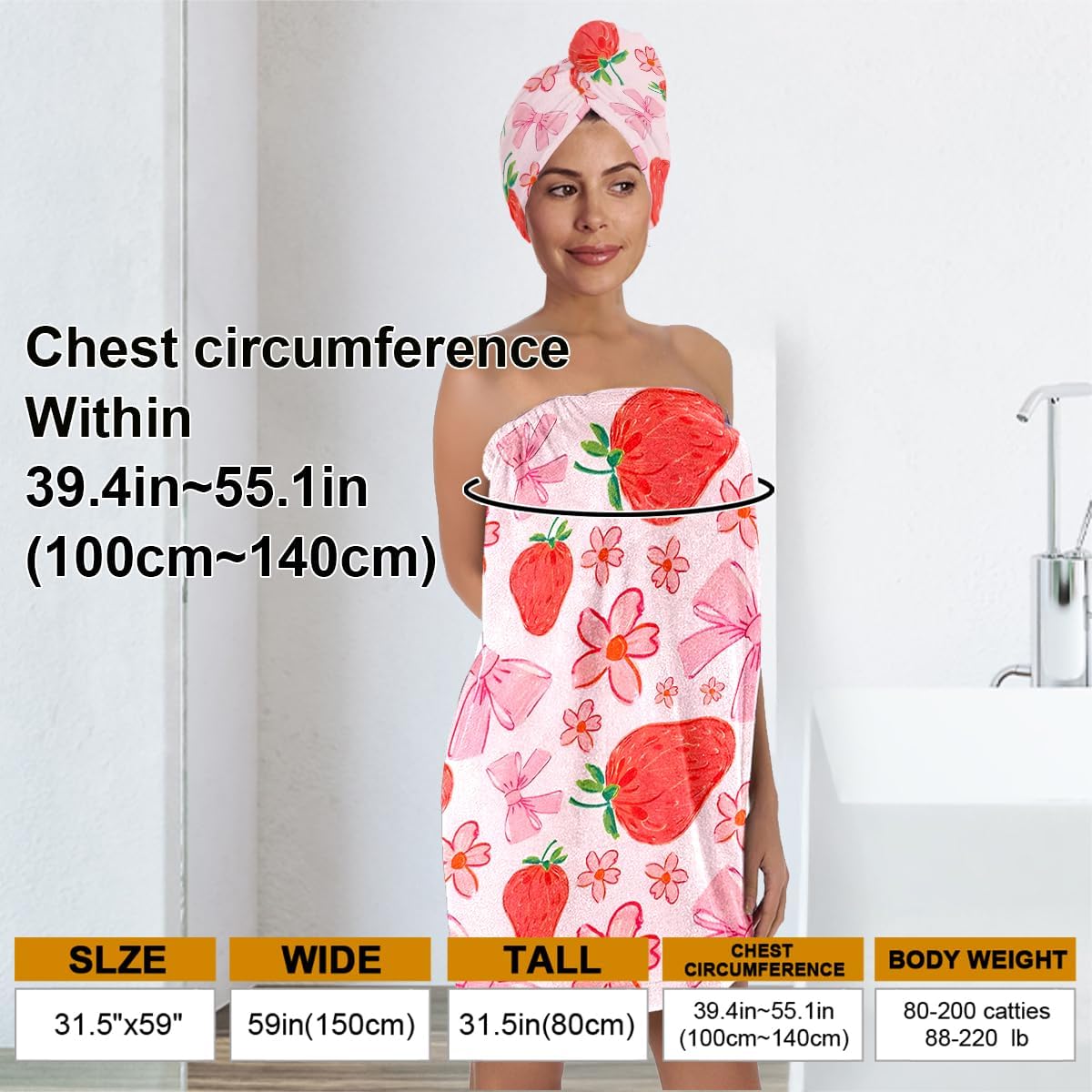 Strawberry Print Bath Wrap and Hair Drying Towel Set – Microfiber Quick Dry Shower Body Wrap for Women, Absorbent Spa Skirt with Elastic Band and Cute Bow Design (Strawberry 1)