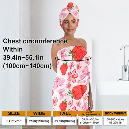 Strawberry Print Bath Wrap and Hair Drying Towel Set – Microfiber Quick Dry Shower Body Wrap for Women, Absorbent Spa Skirt with Elastic Band and Cute Bow Design (Strawberry 1)