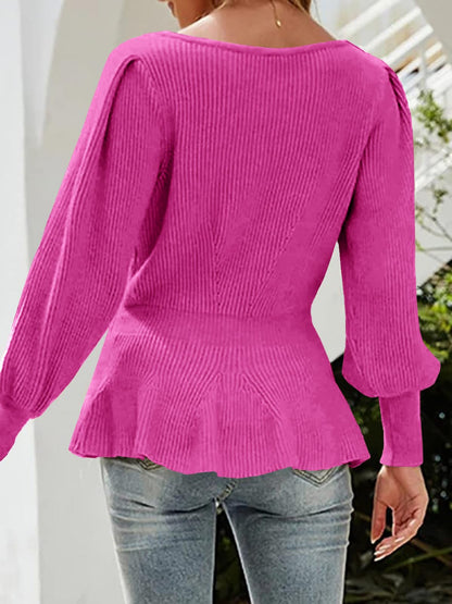 Womens Fall Puff Sleeve Peplum Casual Slim Fit Knit Pullover Sweater