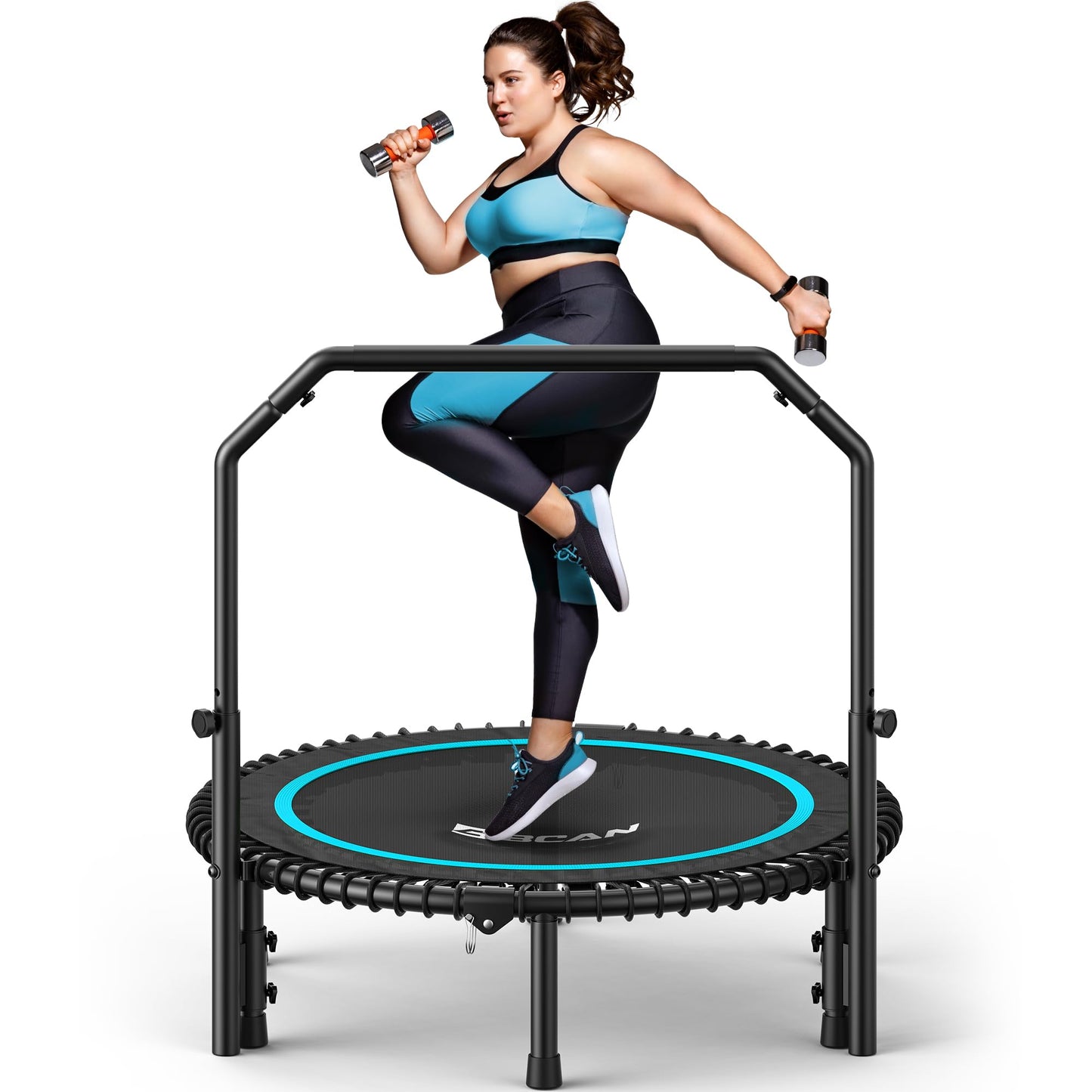 BCAN BT2 450/550LBS Mini Rebounder Trampoline for Adults with Bar, Fitness Trampoline with Bungees, Adjustable Handle, Stable & Quiet, Indoor Outdoor, Whole-Body Workout - 40IN/48IN | FED Fitness