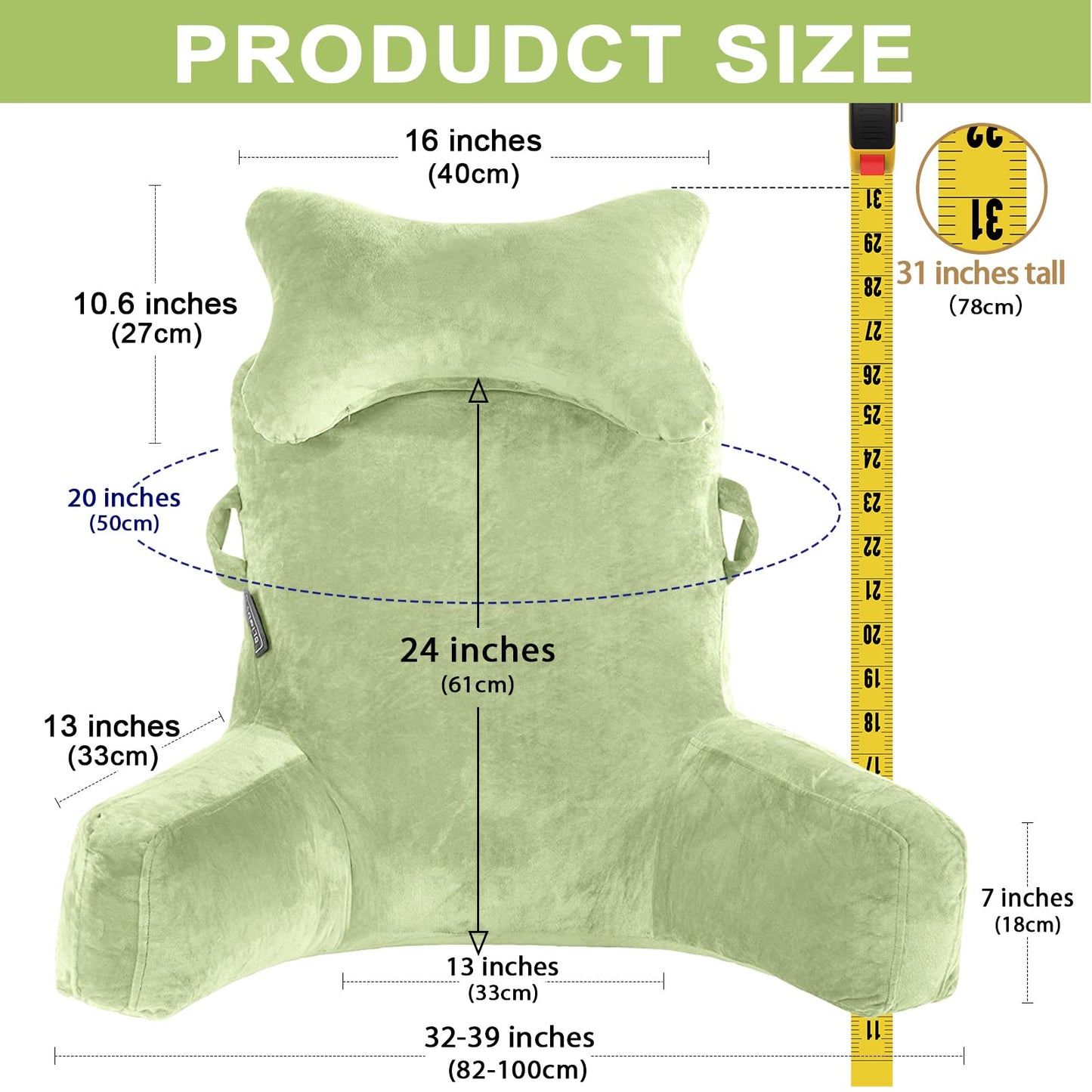 Reading Pillow-Extra Large 31" Bed Rest Pillow with Detachable Neck Roll & Arms for Sitting in Bed or Couch-Backrest Reading Pillow Adult Back Pillows for Reading,Watching TV,Gaming,Relaxing-Black
