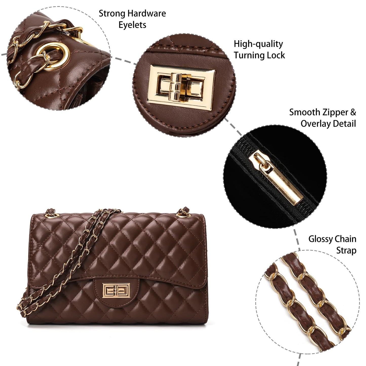 Quilted Leather Crossbody Bags for Women Trendy Ladies Shoulder Purse Satchel HandBag with Chain Strap