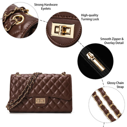 Quilted Leather Crossbody Bags for Women Trendy Ladies Shoulder Purse Satchel HandBag with Chain Strap