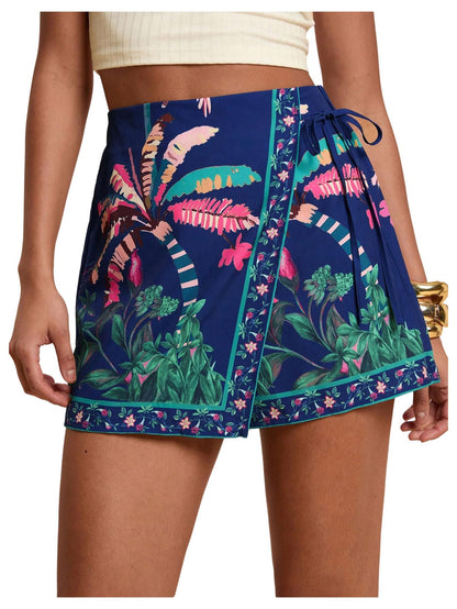 Sweatyrocks Women's Boho Mini Skirts Floral Shorts Tie Side Wrap Elastic Waist Summer Skorts Beach Vacation Outfits