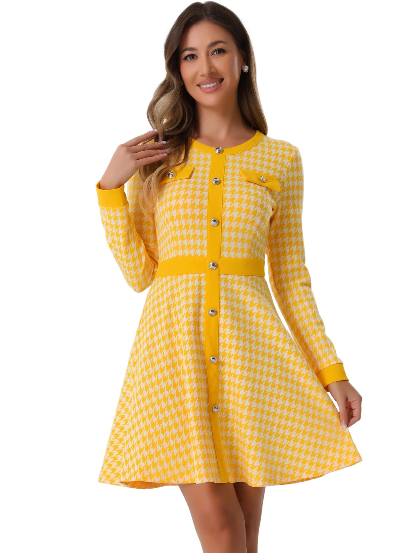 Allegra K Women's Houndstooth Plaid A-Line Elegant Business Work Dress