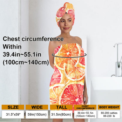 Strawberry Print Bath Wrap and Hair Drying Towel Set – Microfiber Quick Dry Shower Body Wrap for Women, Absorbent Spa Skirt with Elastic Band and Cute Bow Design (Strawberry 1)