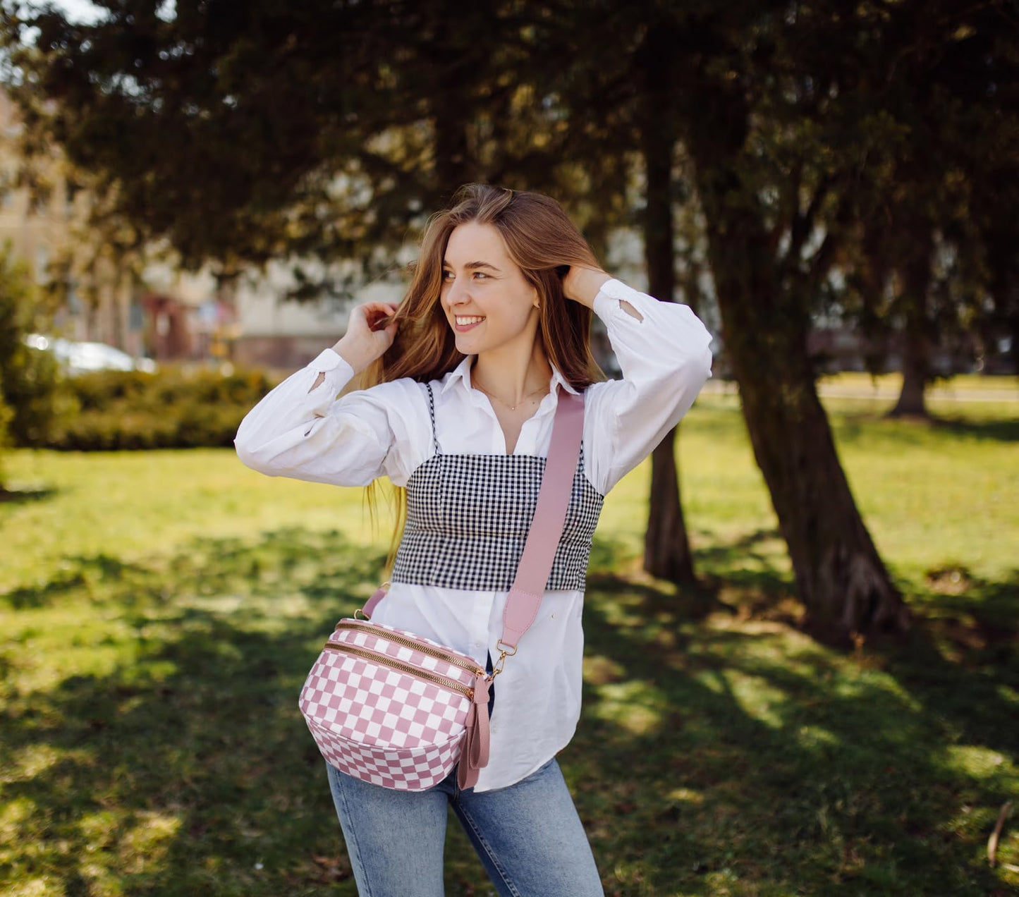 Pure Colour Crossbody Bum Bags for Women Spacious Checkered Cross body Bag Nylon Trendy Fanny Pack for Travel