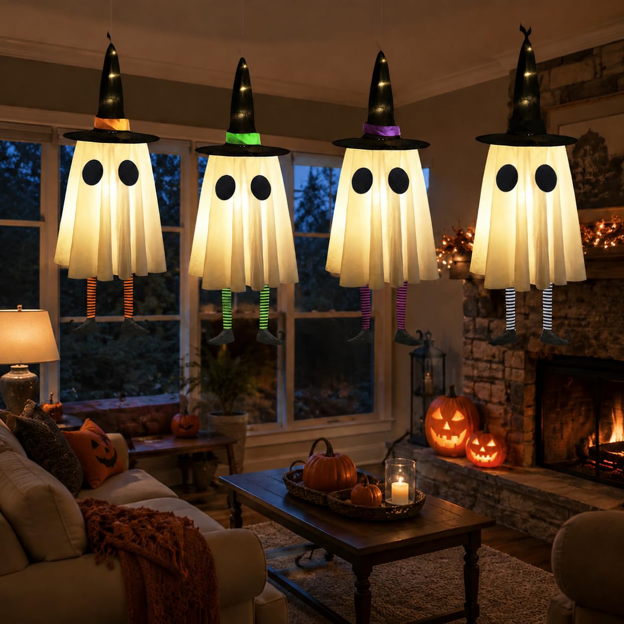 Set of 4 Halloween Hanging Ghosts, Halloween Decorations Outdoor Hanging Ghosts with Witch Hat,Glowing Ghost Witch Hat Lights, Light up Ghost Decor for Yard Patio Garden Tree Outside(4 Ghost Lighted)