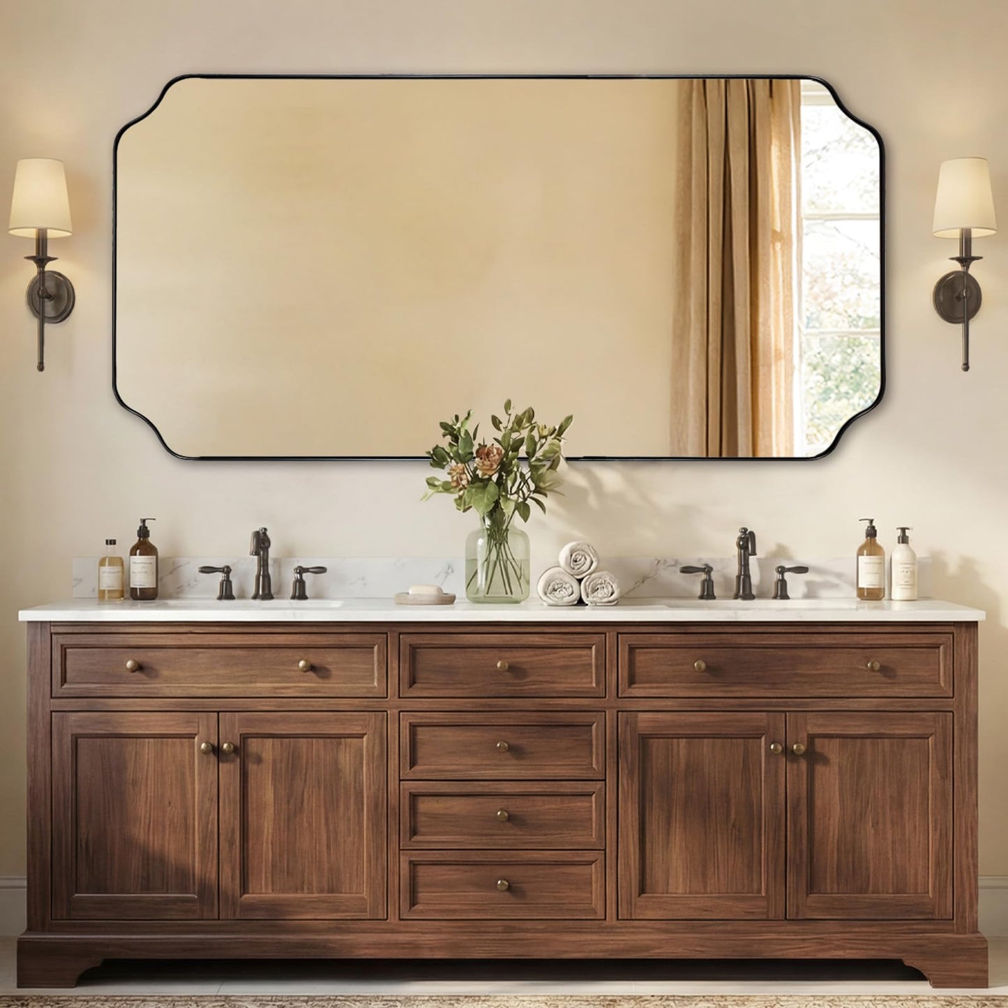 ANDY STAR Unique Rectangle Wall Mirror, 24"x32" Black Mirror, Modern Mirror with Aesthetic Scalloped Edge Design Ideal for Bathroom, Bedroom or Entryway, Thin Frame Deep 1’’