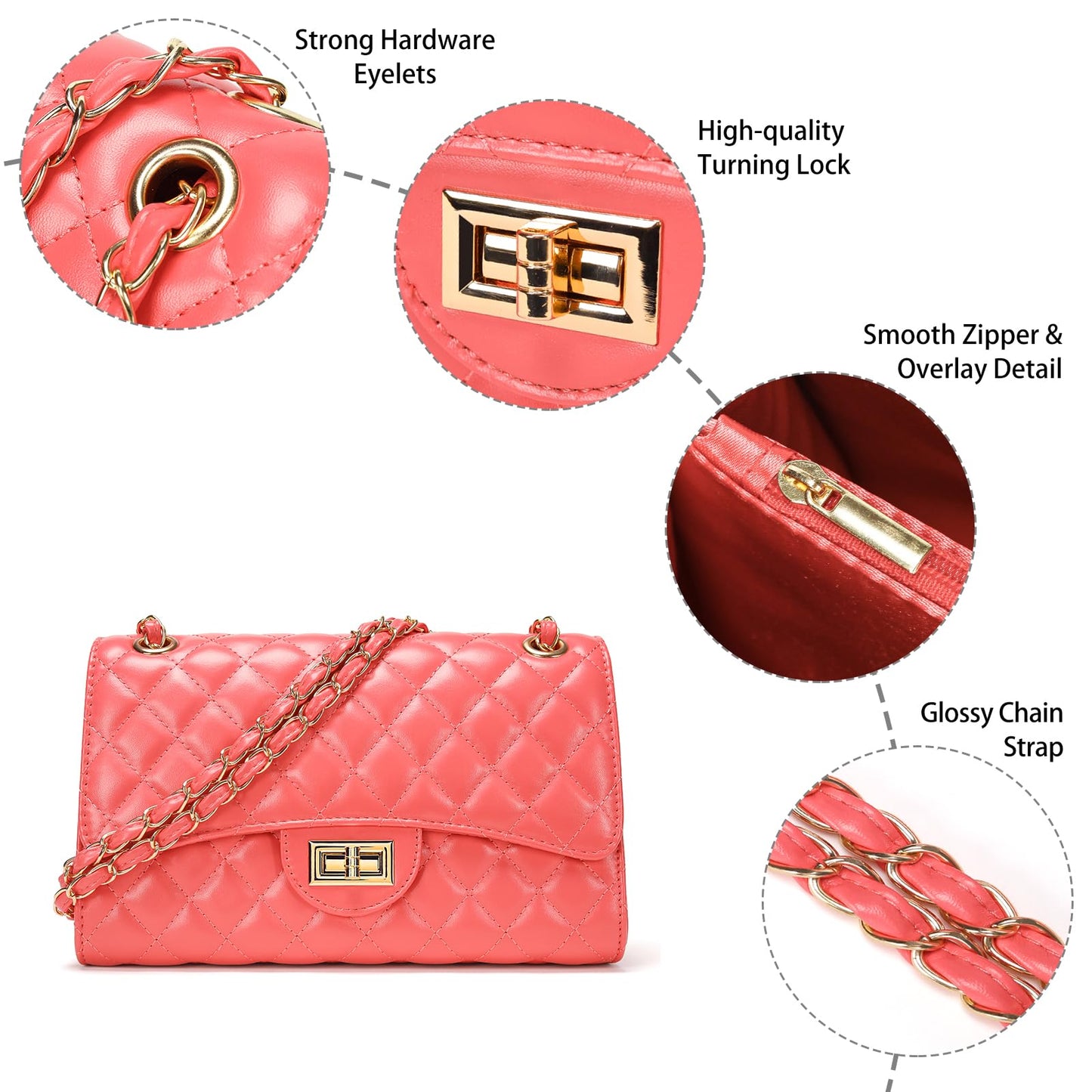 Quilted Leather Crossbody Bags for Women Trendy Ladies Shoulder Purse Satchel HandBag with Chain Strap