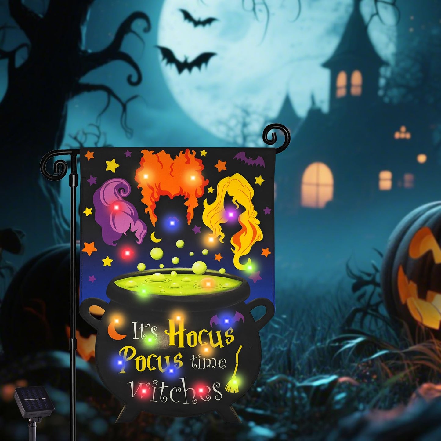 Halloween Lighted Garden Flag for Outside, Led Solar Yard Flag 8 Modes Witch Feet Shape Flag, 28x40 Double Sided Cauldron Eyeball Black Cat Decorations for Home Porch